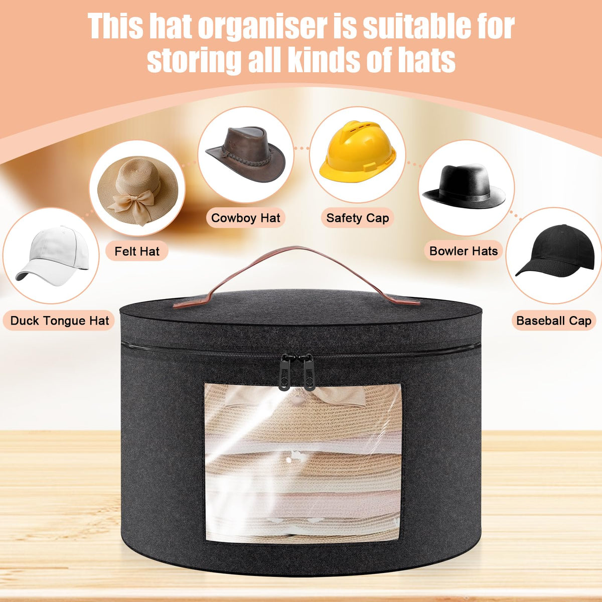 Round Hat Boxes with Lids, 43 x 26cm Felt Hat Storage Box