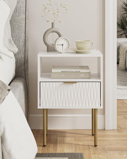 Apetaccat Bedside Table, Fluted Nightstand with Drawer and Open Shelf, Modern Bedside Cabniet Wooden, Side Table for Bedroom, Living Room, White