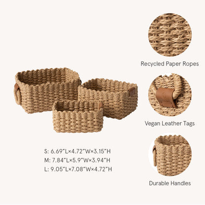 LA JOLIE MUSE Small Wicker Baskets for Organizing, Paper Rope Desert 3 Pack
