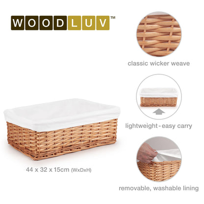 Woodluv Brown Wicker Storage Basket W/Off White Cloth Lining Xmas Hamper - Large