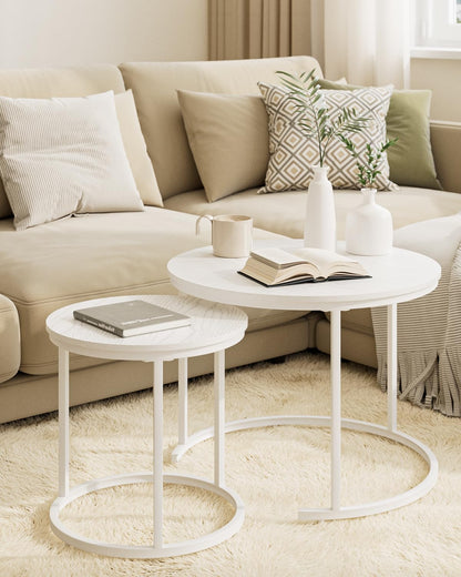 HEYZOEY Round Coffee Tables, Removable Set of 2 End Table, Nesting Tables with White Metal Frame Legs and Wooden white Top for Living Room, Bedroom