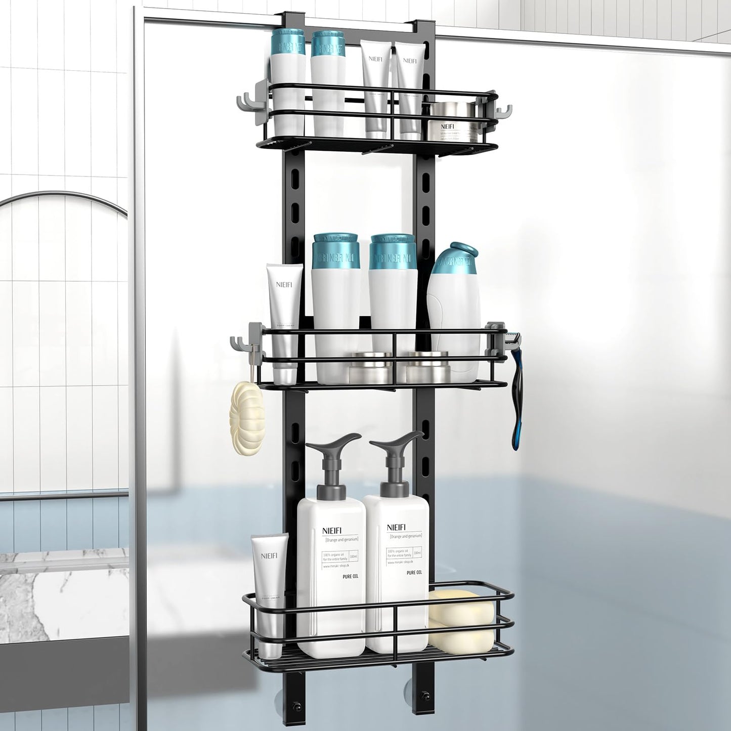 Nieifi Over The Shower Door Caddy Pantry Organizer Rack with Reliable Hooks, Sturdy Rust Proof Hanging Shower Organizer Shelf Basket Storage Rack,
