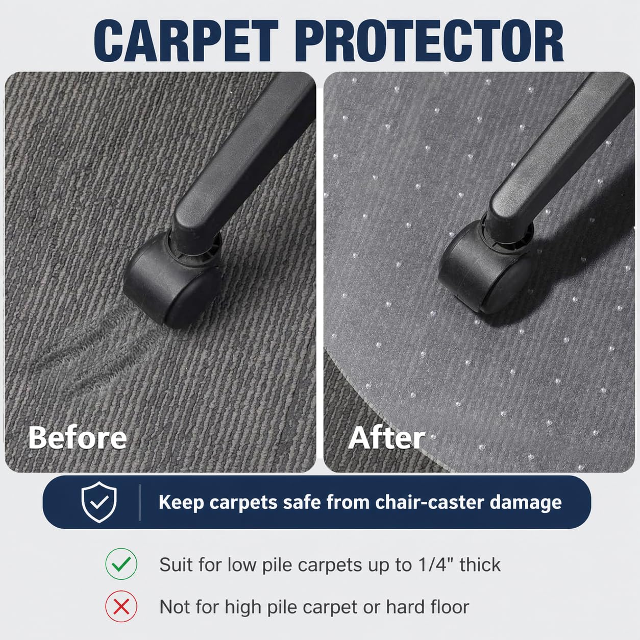 Thickened Office Chair Mat for Carpet, 100×100cm Round, 3mm Thick Clear Heavy Duty Floor Protector with Anti-Slip Particles for Office & Home