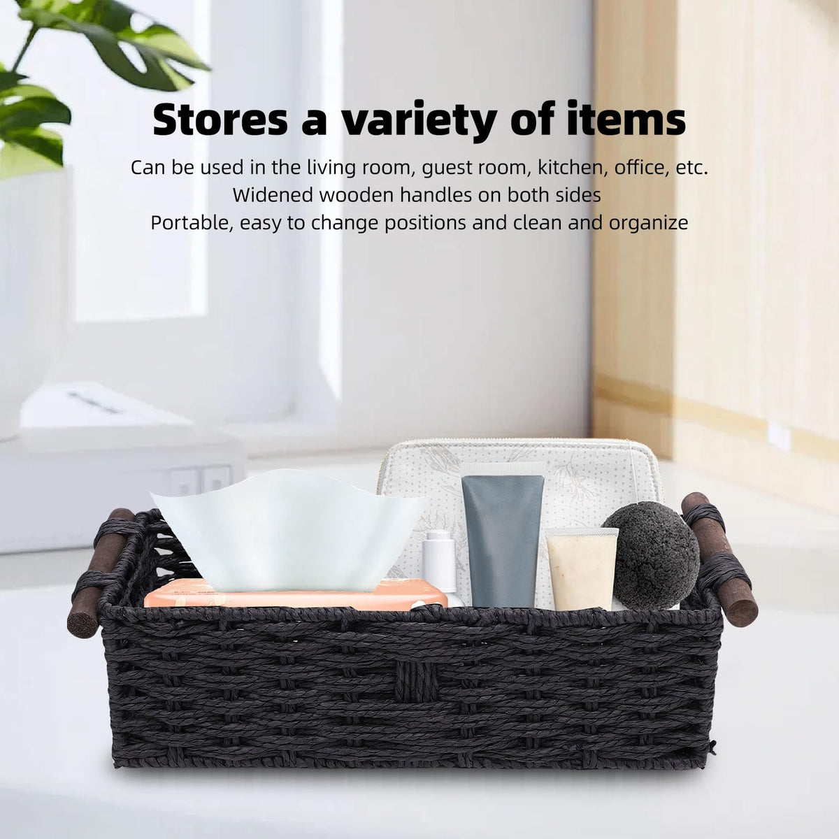 HELEVIA Paper Rope Storage Basket, Handmade Woven Decorative Storage Bin Toilet Tank Topper Paper Basket, for Shelves Countertop (Black)