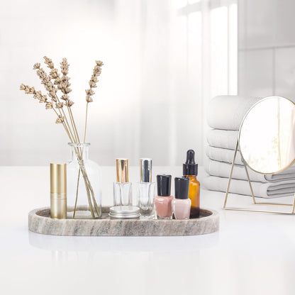 EHC Natural Marble Bathroom Vanity Tray - Oval, Decorative Countertop Sink Storage Organiser for Cosmetic, Perfume, Home Decor - 25 x 11.5 x 2 cm