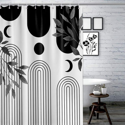 LanZanthic Black and White Shower Curtains for Bathroom Boho Mid Century Modern Leavesl Wet Room Shower Curtain with hooks, Mould Proof Resistant