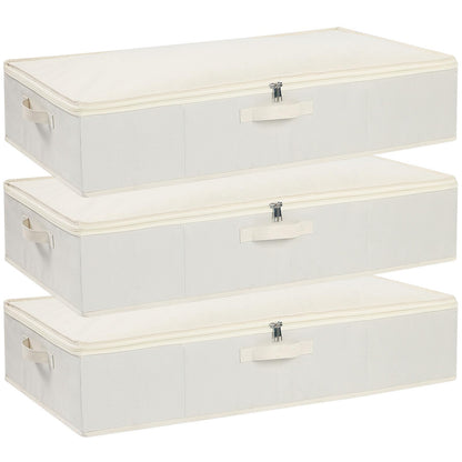 YheenLf Under Bed Storage Containers Organizers, Underbed Clothes Boxes with Reinforced Handles for Blanket, Sheets, Clothing, Shoes, Beige, 3-Pack,