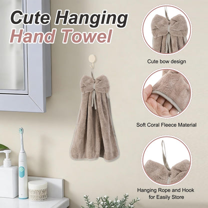 sourcing map 4Pcs Bow Hand Towels with Hanging Loop, 14.2" x 12.2" Soft Coral Fleece Microfiber Bowknot Hanging Hand Dry Towels Quick Dry and