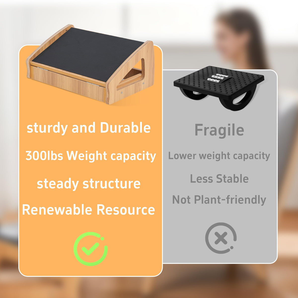 AKOZLIN Adjustable Wooden Under Desk Footrest, 4 Adjustable Heights, Anti-Slip