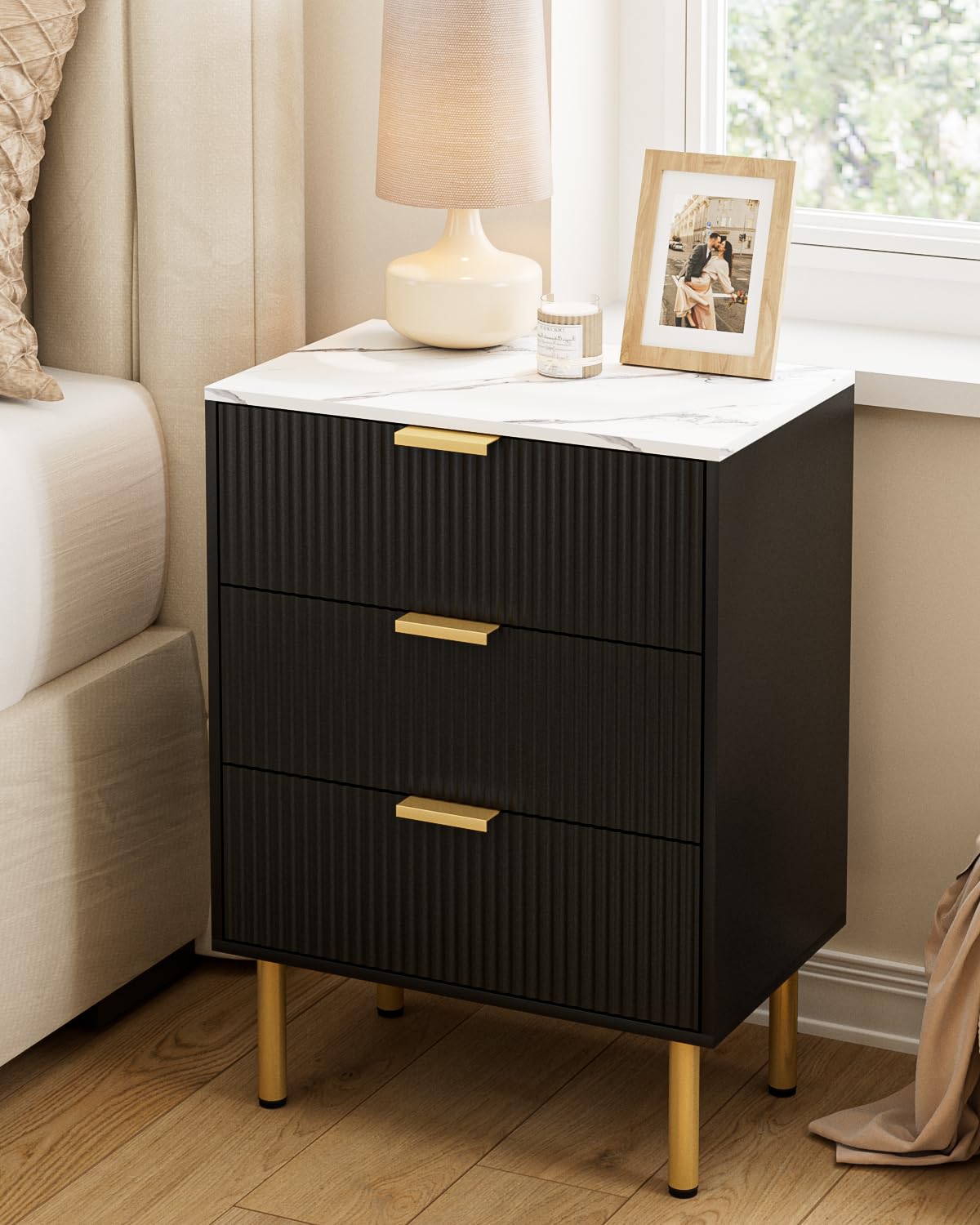 Apetaccat Bedside Table with 3 Drawers, Modern Bedside Cabniet with Metal Legs, Fluted Nightstand, Side Table for Bedroom, Living Room, Office, Black