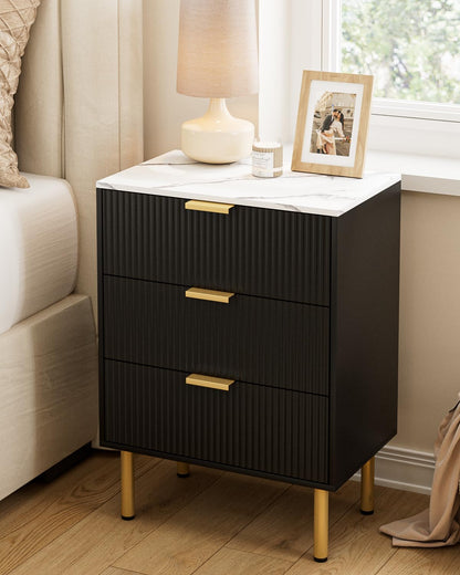 Apetaccat Bedside Table with 3 Drawers, Modern Bedside Cabniet with Metal Legs, Fluted Nightstand, Side Table for Bedroom, Living Room, Office, Black