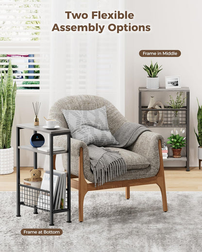 Yuede Narrow Side Table with Magazine Rack, 3-tier Slim Bedside Table, Small End Table for Living Room, Bedroom, MDF & Metal Frame (Gray)