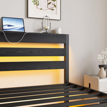 VERFARM 3ft Single Bed Frame with Charging Station and LED Lights, Heavy Duty Metal Platform Single 90x190 cm Bed Frame with Wood Storage Headboard