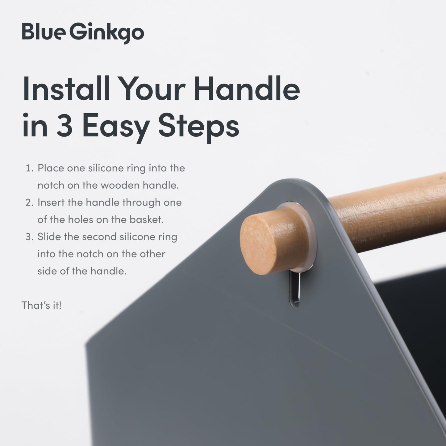 BLUE GINKGO Large Storage Basket – Plastic Caddy with Wooden Handle for Bathroom, Pantry, or Cleaning Supplies (Grey)