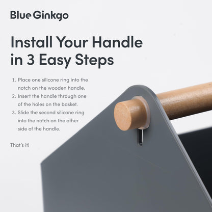 BLUE GINKGO Large Storage Basket – Plastic Caddy with Wooden Handle for Bathroom, Pantry, or Cleaning Supplies (Grey)