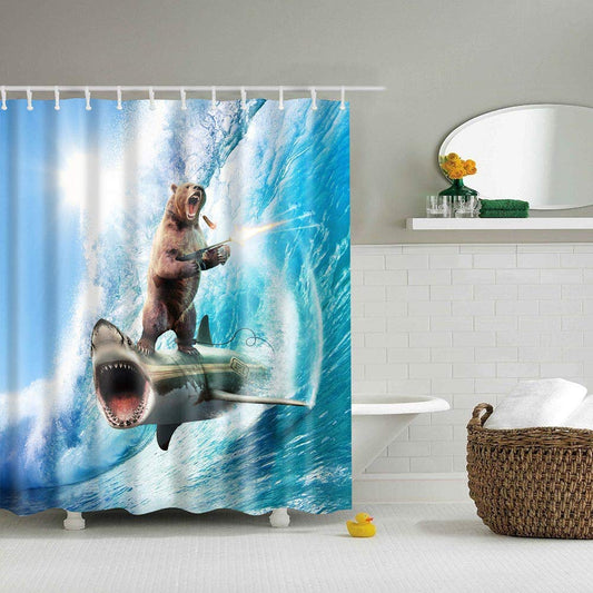 BOYOUTH Bear Standing on the Shark Pattern Digital Print Shower Curtains for Bathroom Decor,Polyester Waterproof Fabric Bath Curtain with 12