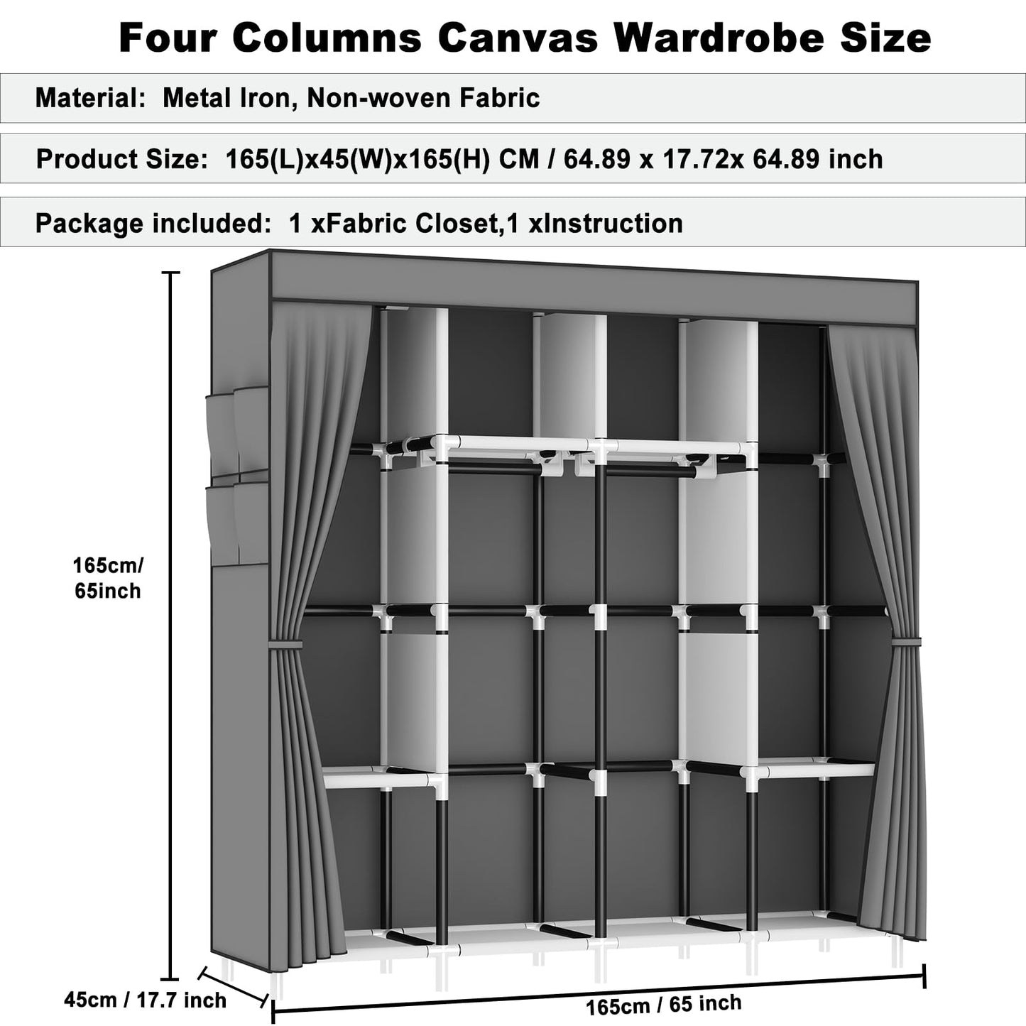 OPPAIYA Canvas Wardrobe, Fabric Wardrobes with 4 Hanging Rails, 4 Compartments and 8 Side Pockets, Zippered Pop Up Wardrobe