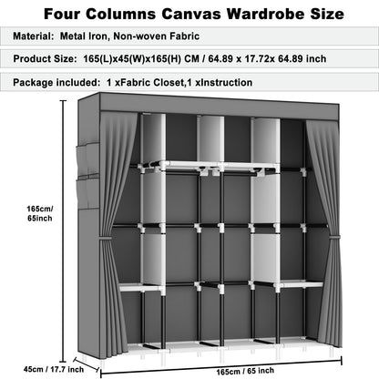 OPPAIYA Canvas Wardrobe, Fabric Wardrobes with 4 Hanging Rails, 4 Compartments and 8 Side Pockets, Zippered Pop Up Wardrobe
