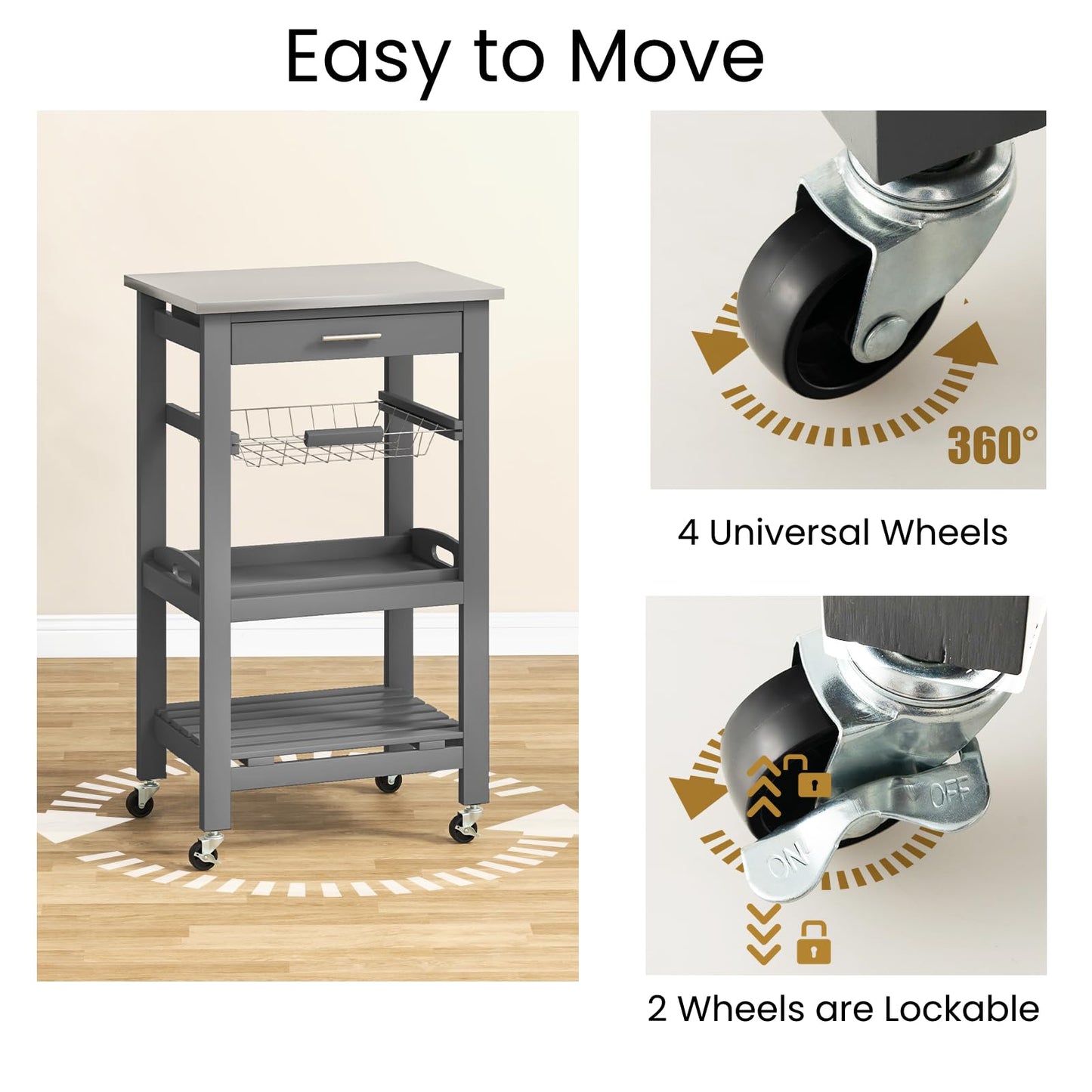 GiantexUK 4-Tier Kitchen Storage Trolley on Wheels, Rolling Storage Cart with Stainless Tabletop, Pull-out Drawer & Wire Basket