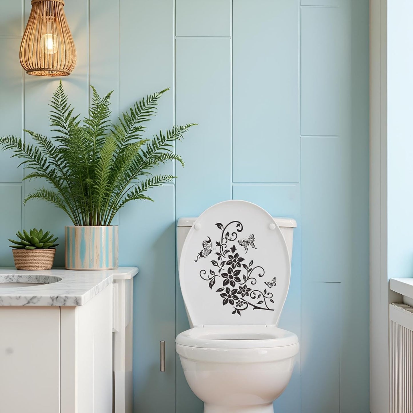 Black Flowers Butterfly Bathroom Toilet Seat Lid Cover Decals Stickers PVC Sticker Removable Self-Adhesive Restroom Decor Art Decoration Toilet Lid