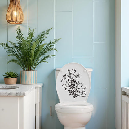 Black Flowers Butterfly Bathroom Toilet Seat Lid Cover Decals Stickers PVC Sticker Removable Self-Adhesive Restroom Decor Art Decoration Toilet Lid