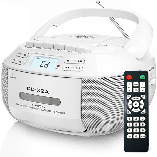 Greadio Portable CD Player with Speakers, Boombox Cassette Player with Bluetooth, FM Radio, USB/AUX Playback, LCD Display, Remote Control, Tape