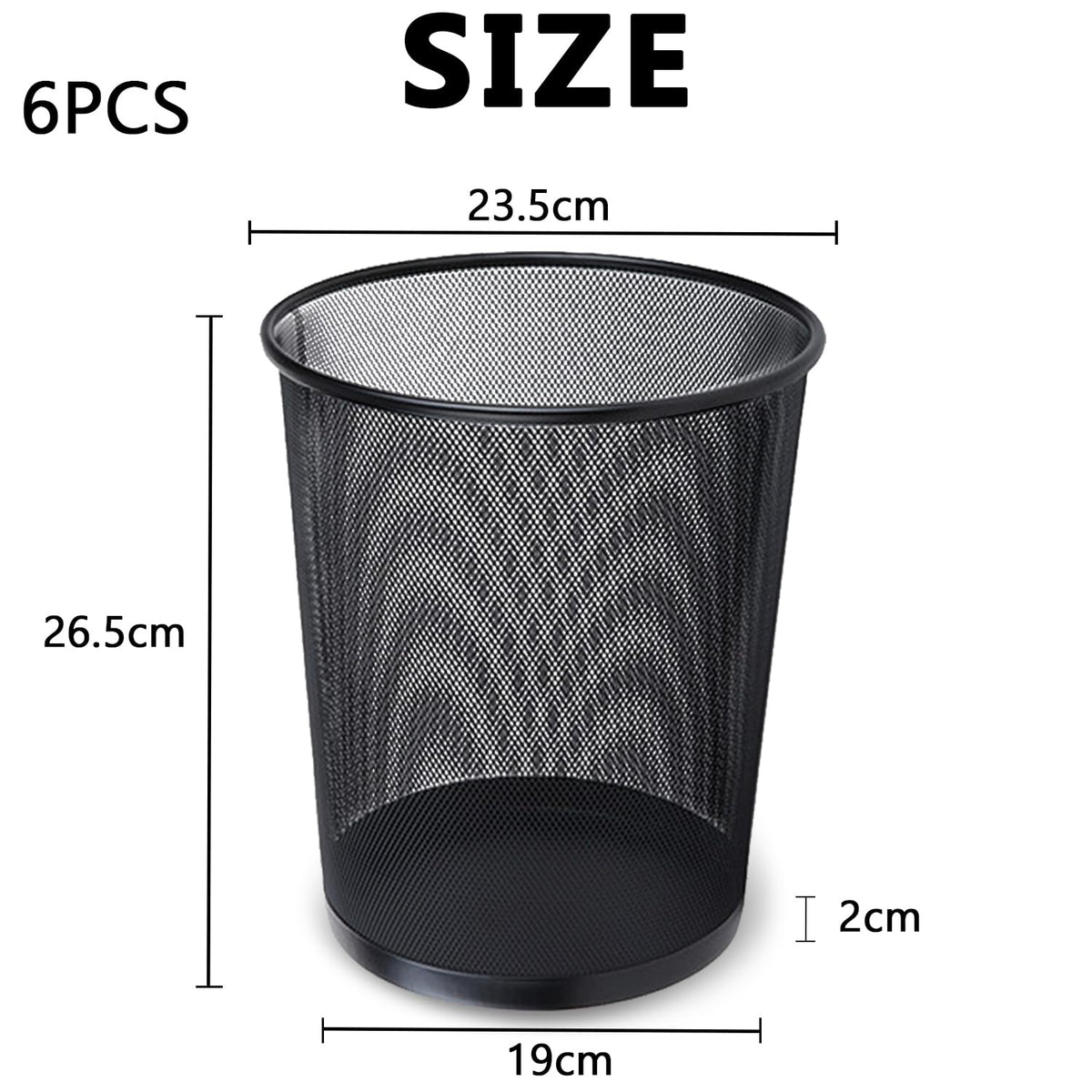 WYIPOLZI Small Office Bin 6 Pack, Metal Mesh Waste Paper Basket 12L, Black Round Wastebasket for Kitchen, Bathroom, Bedroom