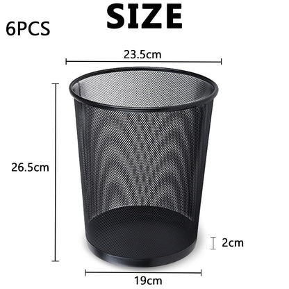 WYIPOLZI Small Office Bin 6 Pack, Metal Mesh Waste Paper Basket 12L, Black Round Wastebasket for Kitchen, Bathroom, Bedroom