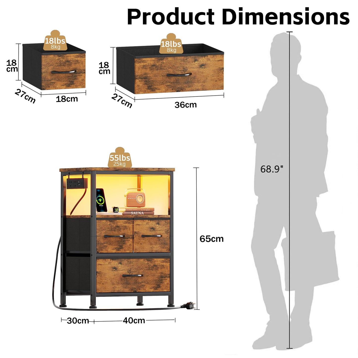 Flrrtenv Bedside Table with Power Strip, Bedside Cabinet with 3 Drawers, LED Bed Side Table for Bedroom