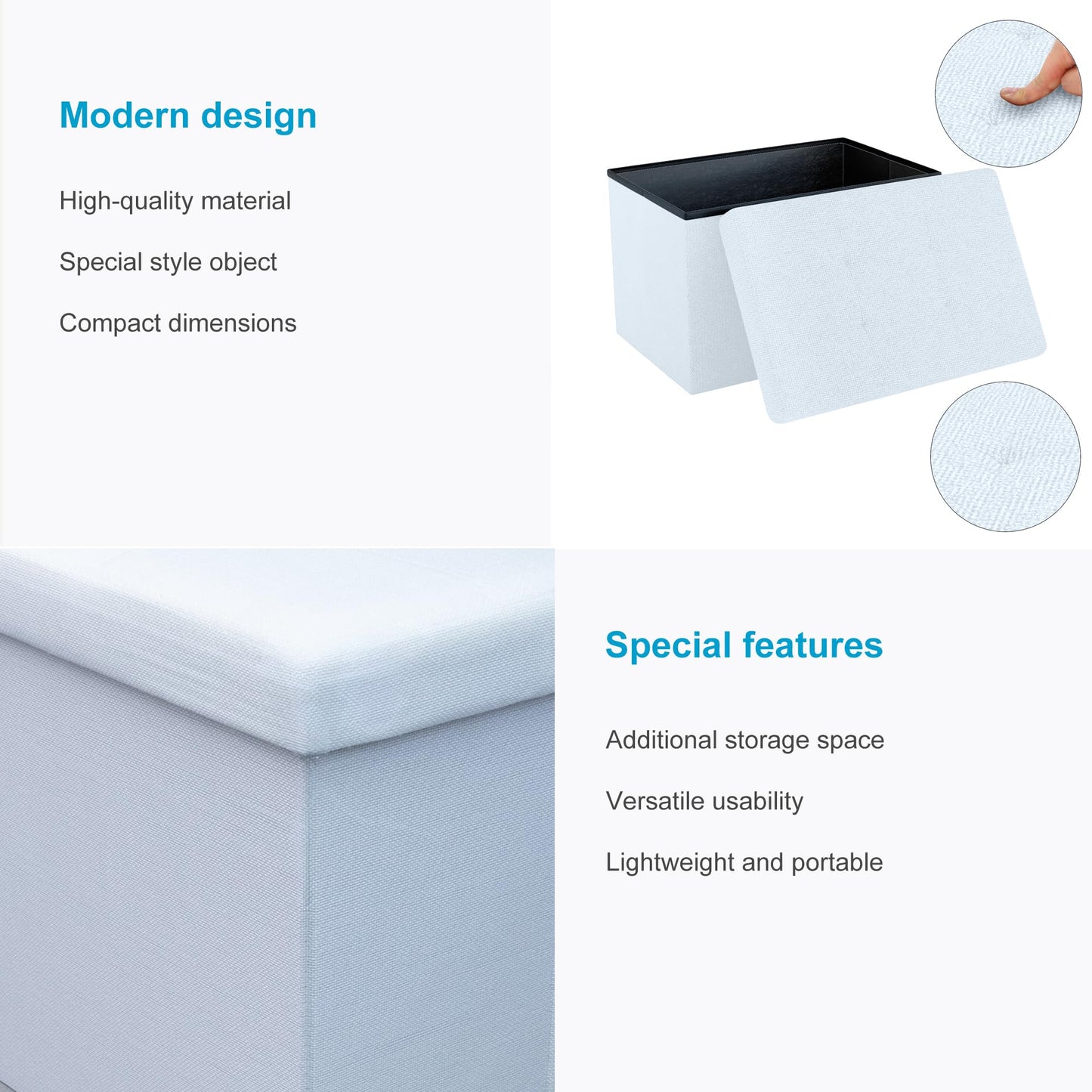 INTIRILIFE Foldable Stool 49x30x30 cm in SNOW WHITE - Seat cube with storage space and cover made of fabric with hollows - Storage box chest stool