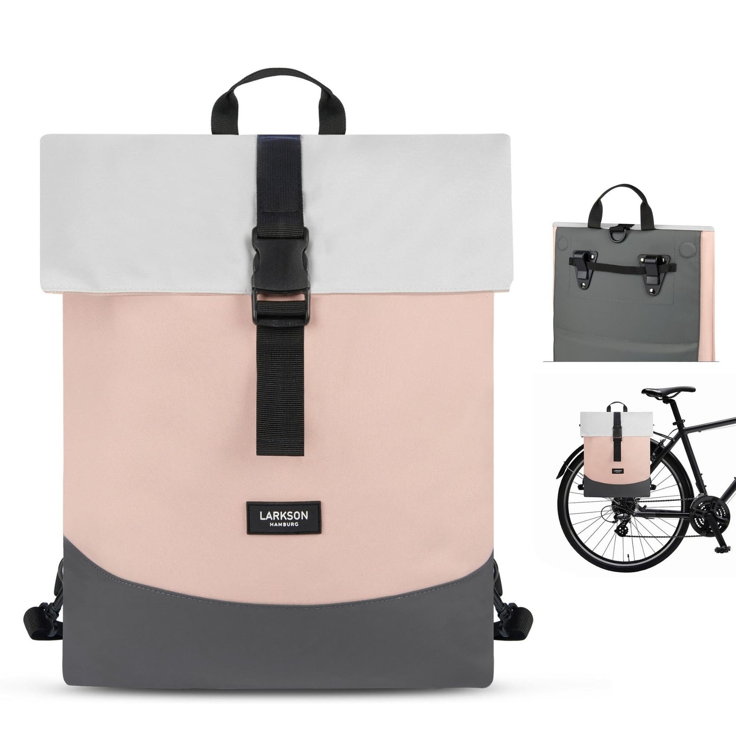 LARKSON Bike Pannier Bags Grey - Tammo Bike - 2 in 1 Cycle Backpack & Bicycle Bag for Rear Carrier, Made of Recycled Material - Water-Repellent