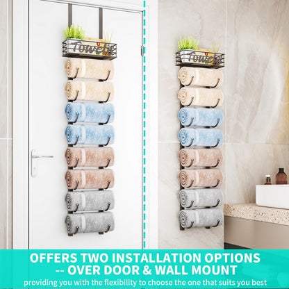 HapiRm Over Door Towel Rack - Towel Storage Rack Wall Mounted with Metal Shelf Basket