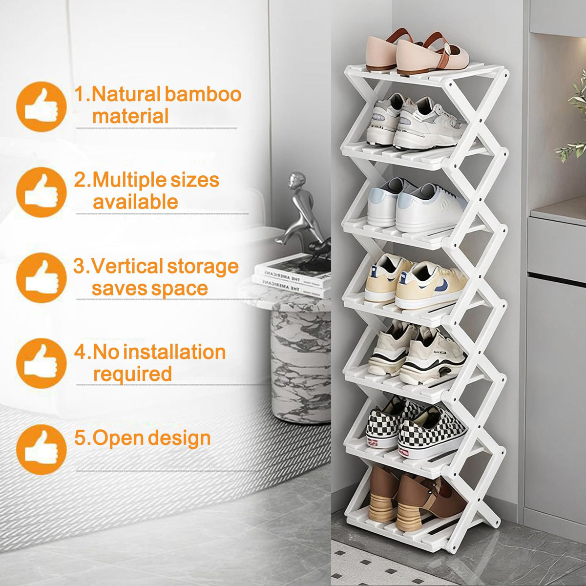 GIRYES Small Shoe Rack White, 3 Tier Bamboo Foldable Shoes Organizer Free Standing Shelf for Entryway, Bedrooms, Closet, Living Room Corner