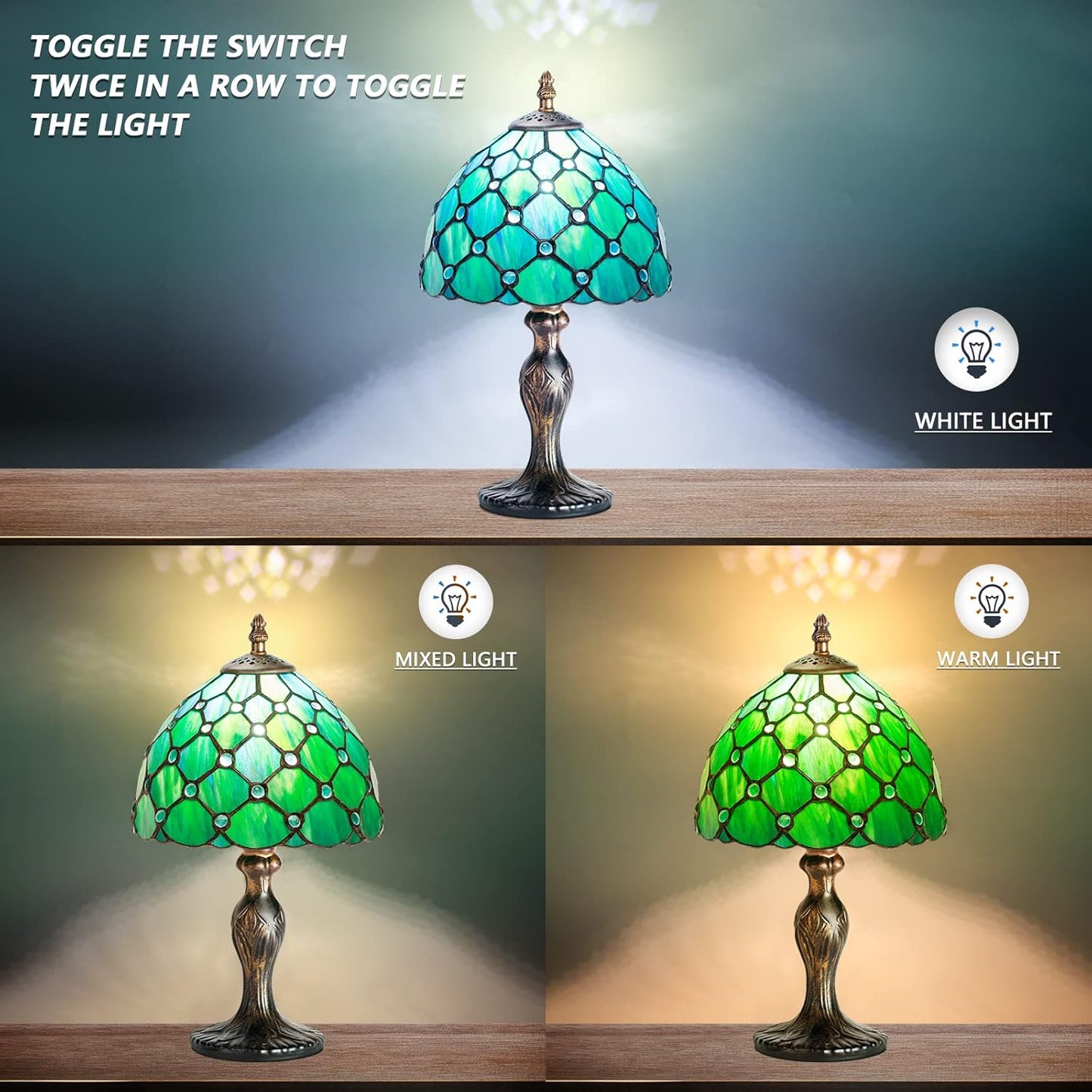 MIAOKE Stained Style Table Lamp, Vintage Table Lamp, Handcraft, Stained Glass Lampshade, Table Lamps for Bedroom, Bedroom, Study, Office (Green Pearl)