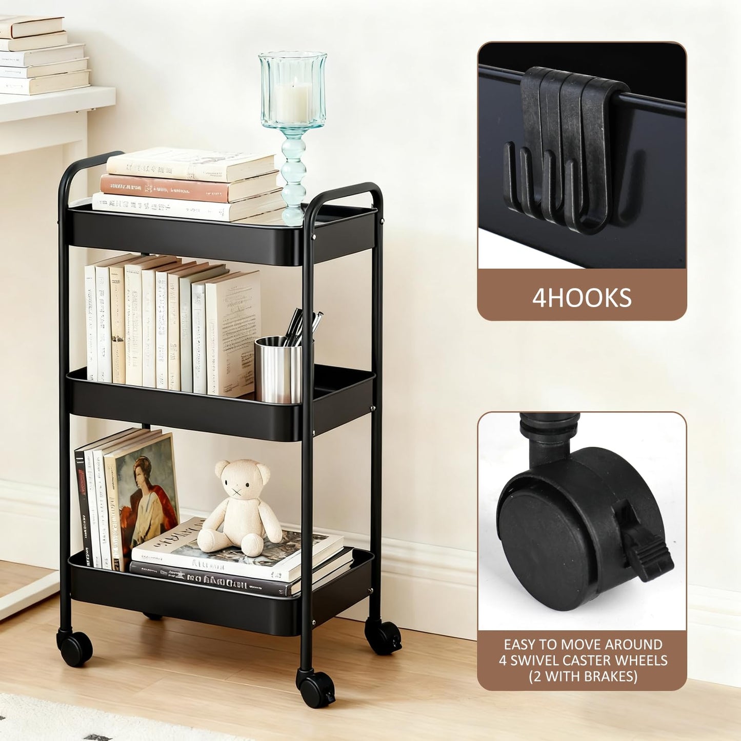 3 Tier Metal Storage Trolley on Wheels Kitchen Trolleys Utility Rolling Cart with Handle,Mesh Storage Cart Bathroom Cart Veg Rack and Multi-Purpose