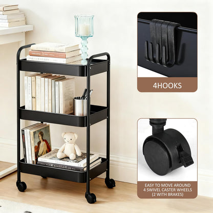 3 Tier Metal Storage Trolley on Wheels Kitchen Trolleys Utility Rolling Cart with Handle,Mesh Storage Cart Bathroom Cart Veg Rack and Multi-Purpose