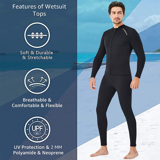 EUPTE 2mm Wetsuits Women/Men Long Sleeve Jacket UPF50+ UV Protection Diving Skin Suit Top for Scuba Diving Snorkeling Surfing Swimming (men, XL)