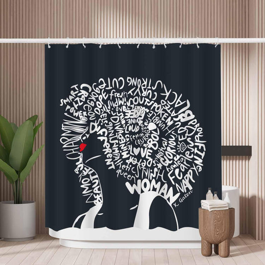Woutay Shower Curtain Water Repellant Fabric Women Art Curly Hair,Mould Proof Resistant,Polyester,with 12 Plastic Hooks