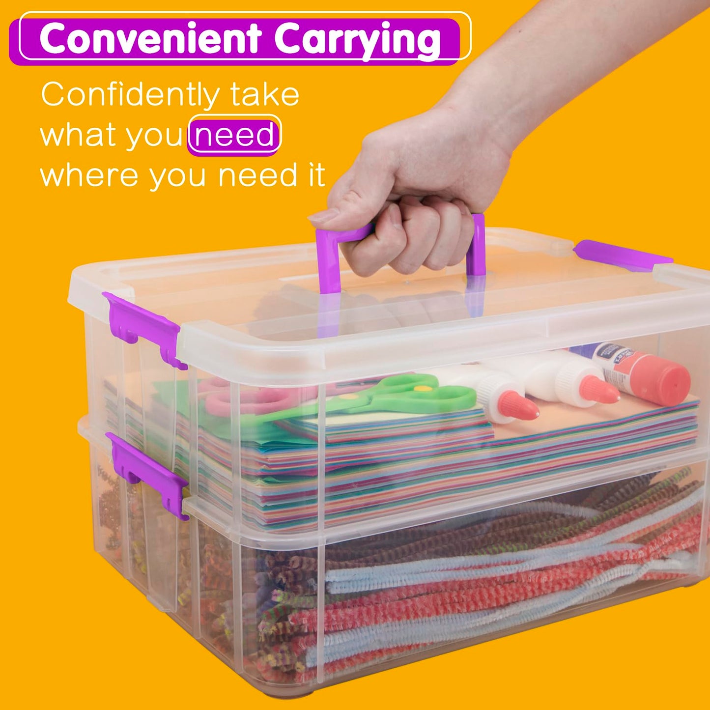 Creahaus 2 Layer Plastic Storage Containers with Lids, Multipurpose Clear Stack & Carry Box