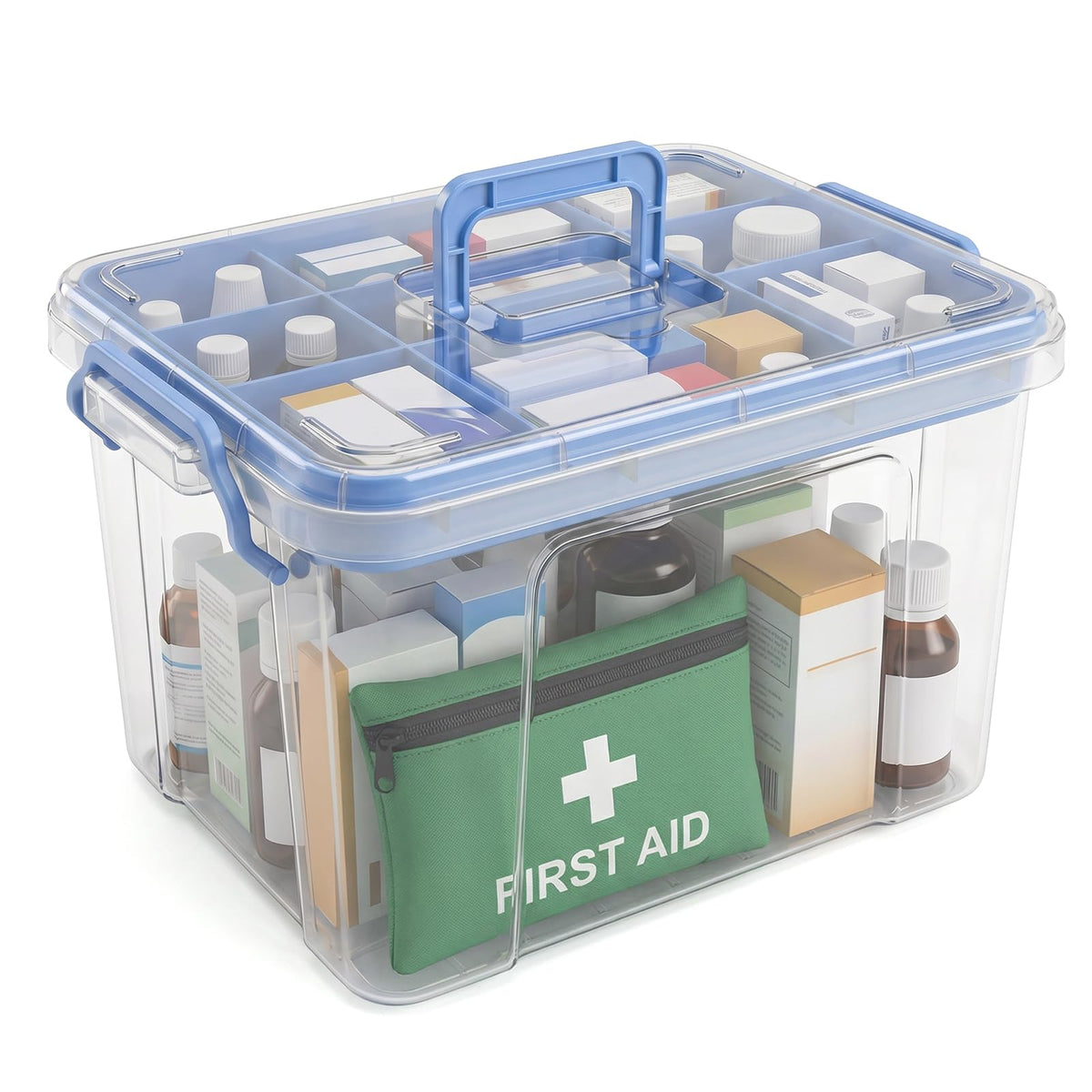 Stidyzo Medicine Storage Box, 2-Layer Medicine Organiser with Lid, Blue