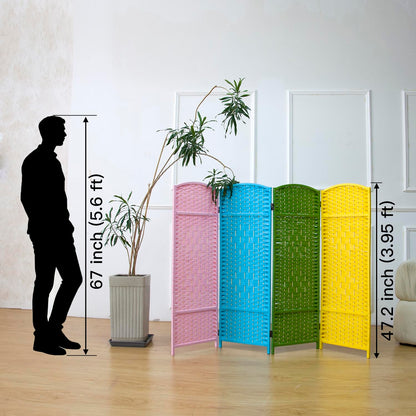 Furnnylane 4 Panel Colorful Rattan Divider Short Room Partition Screen,Double Sided Short Folding Divider for Room Separation,120 cm Tall