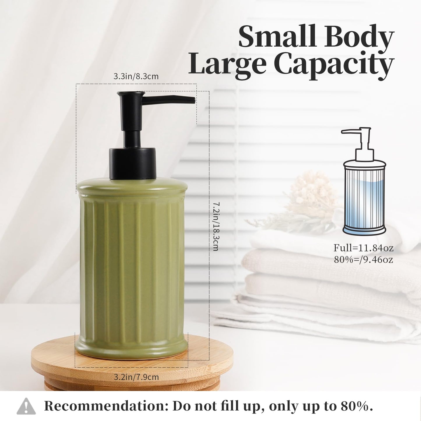 ANTIS'S HOME Ceramic Soap Dispenser Liquid 350ml | Refillable Hand & Dish Soap Bottle for Bathroom Kitchen | Modern Matte Green Countertop Dispenser