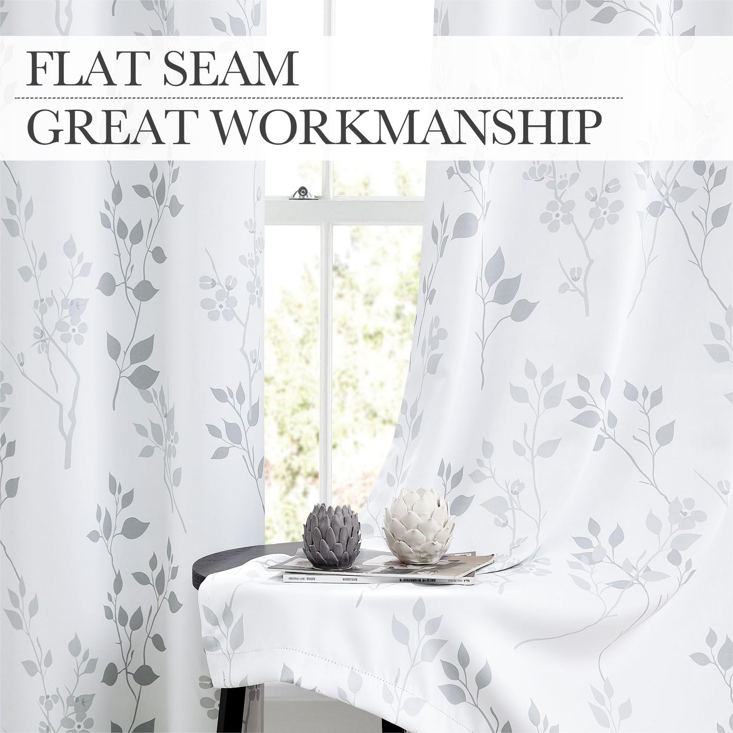 Beauoop Grey Floral Blackout Curtains for Bedroom Living Room 54 Inch Drop Leaf Print Eyelet Curtain Botanical Thermal Insulated Noise Reducing Drapes