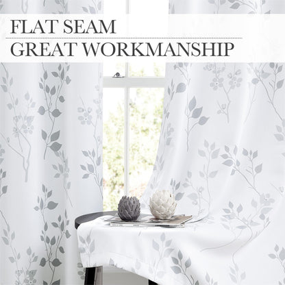 Beauoop Grey Floral Blackout Curtains for Living Room Bedroom 90 Inch Drop Leaf Print Eyelet Curtain Botanical Thermal Insulated Noise Reducing Drapes