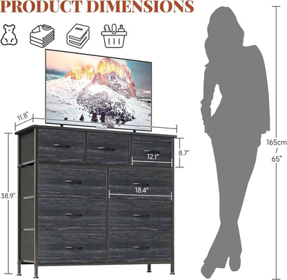 CAIYUN Chest of Drawers with 9 Drawers, Fabric Storage Dresser for Bedroom, Tall Drawer Organizer Unit for Entryway, Hallway,Charcoal Black