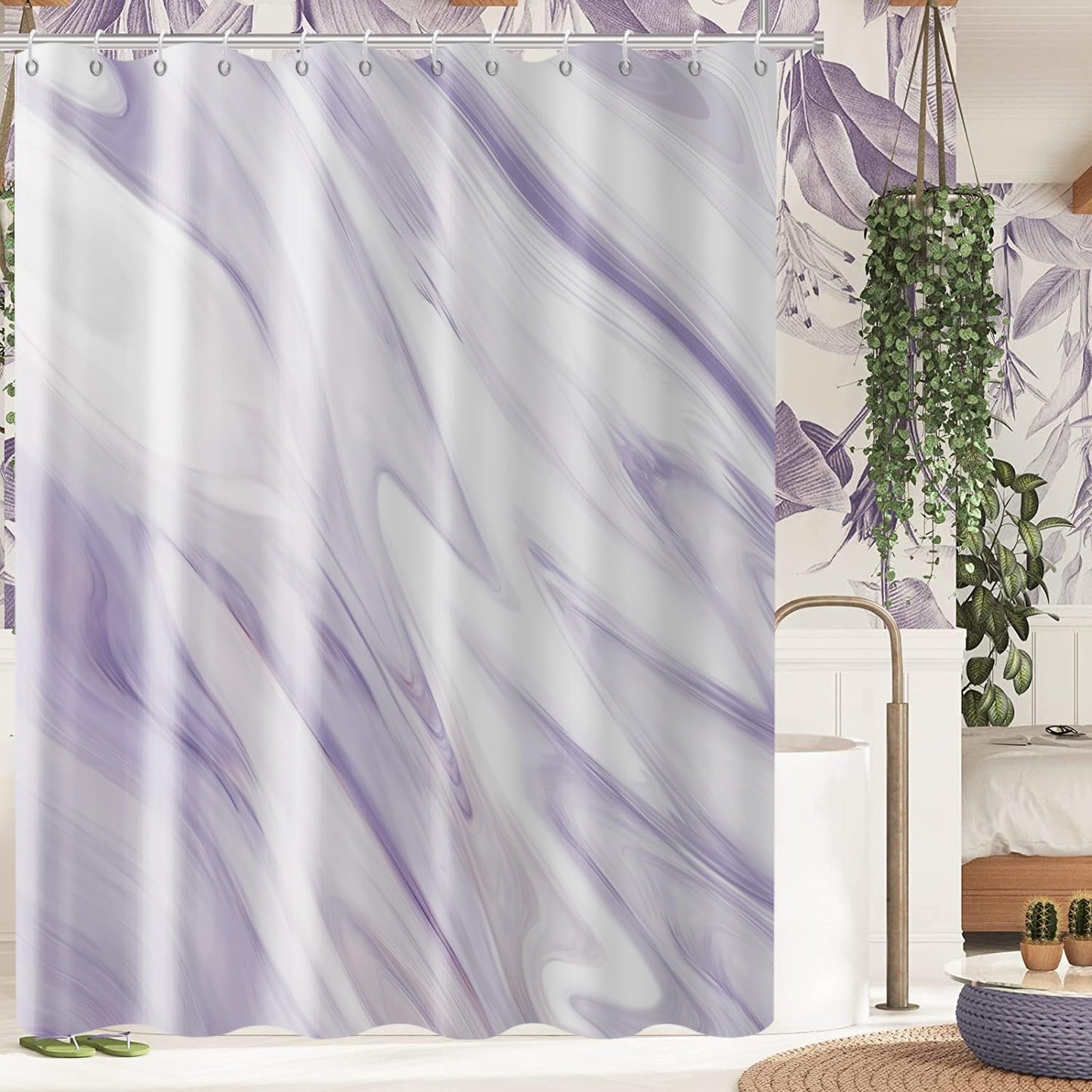 GCIREC Purple Marble Stall Shower Curtain, Purple Mix White Ombre Modern Abstract Wave Luxury Bathroom Curtain Bathtub Home Decor Waterproof Fabric