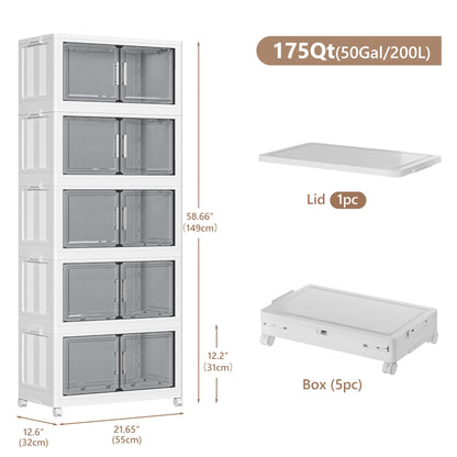 Naviconvex Storage Boxes with Lids, 5 Tier 200L Plastic Storage Box with Magnetic Doors and Wheels, Stackable Storages Boxes
