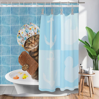 ASDCXZ Shower Curtain Funny 180x180 cm, Blue Funny Cat Bathtub Showers Child Shower Curtains Fabric Washable Polyester Textile Waterproof Shower