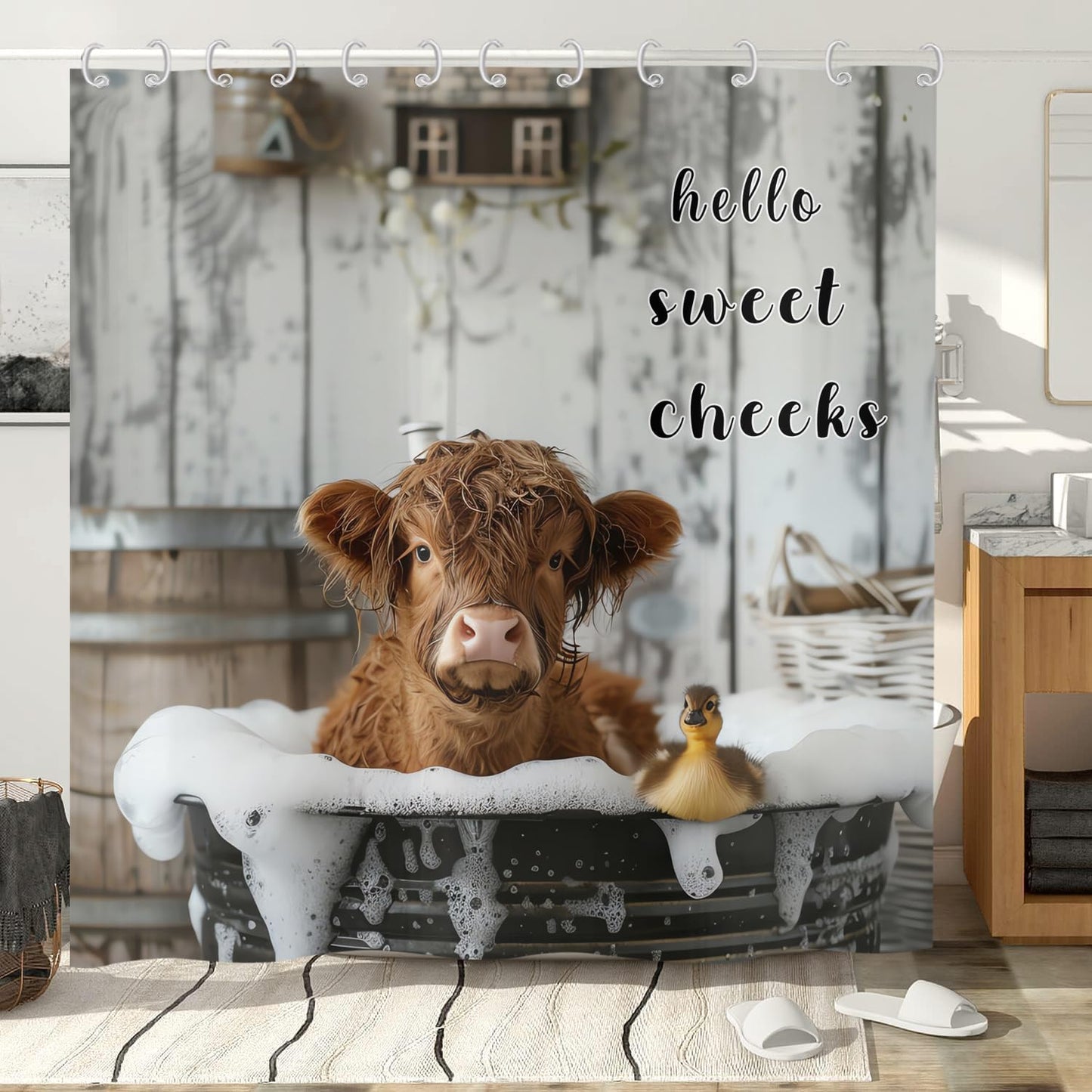 Hnmdmyi Funny Highland Cow Shower Curtain 180x240, Farmhouse Western Animal Cattle Duck Bathing in Bubbly Bathtub Bathroom Curtains Waterproof