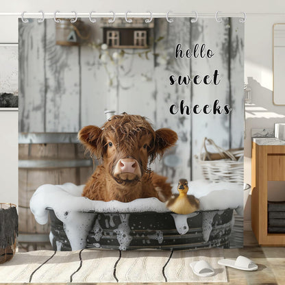 Hnmdmyi Funny Highland Cow Shower Curtain 120x200, Farmhouse Western Animal Cattle Duck Bathing in Bubbly Bathtub Bathroom Curtains Waterproof